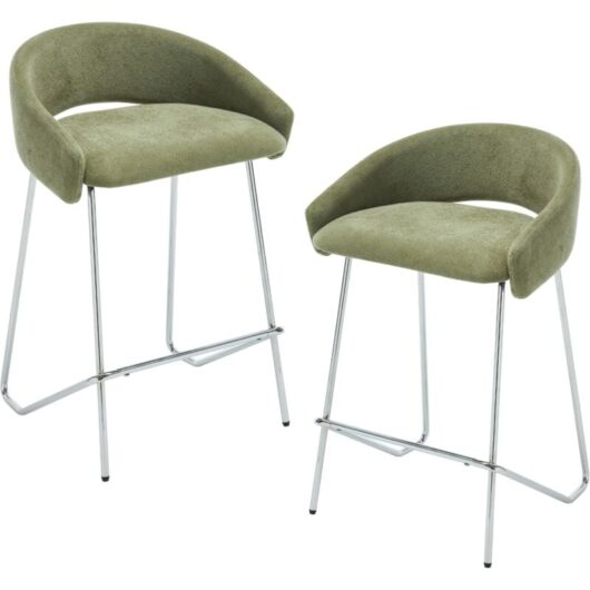 Wahson Bar Stools Set of 2 Chenille Modern Simple Counter Chairs with Silver Metal Legs for Home Bar Pub Restaurant, Green