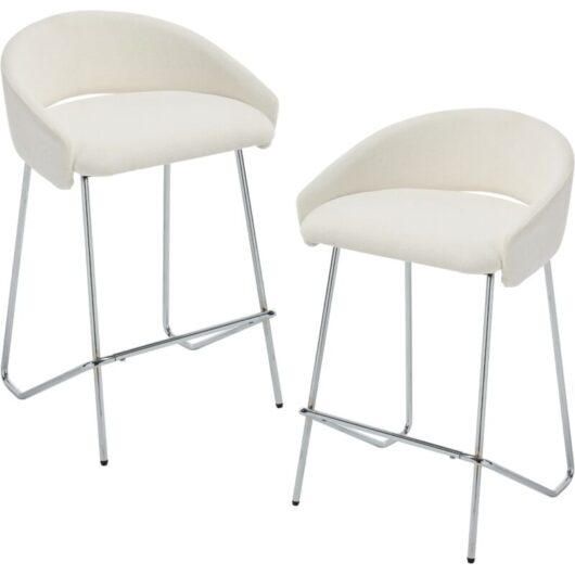 Wahson Bar Stools Set of 2 Chenille Modern Simple Counter Chairs with Silver Metal Legs for Home Bar Pub Restaurant, White