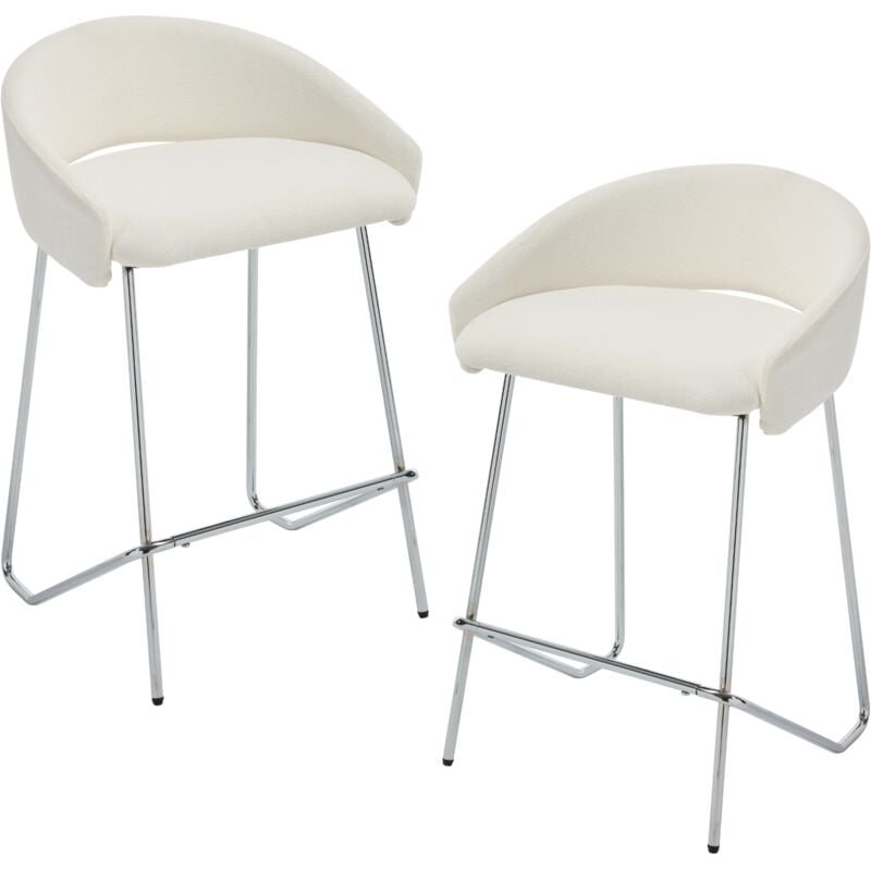 Wahson Bar Stools Set of 2 Chenille Modern Simple Counter Chairs with Silver Metal Legs for Home Bar Pub Restaurant, White