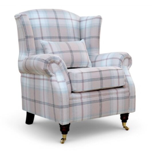 Wing Chair Fireside High Back Armchair Balmoral Blush Pink Check Fabric P&S