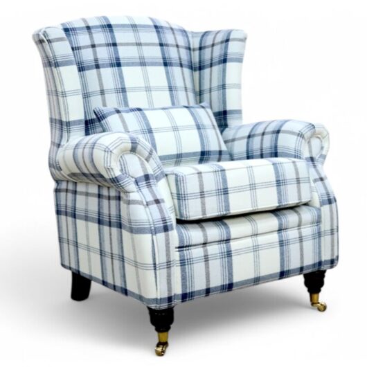 Wing Chair Fireside High Back Armchair Balmoral Indigo Blue Check Fabric P&S
