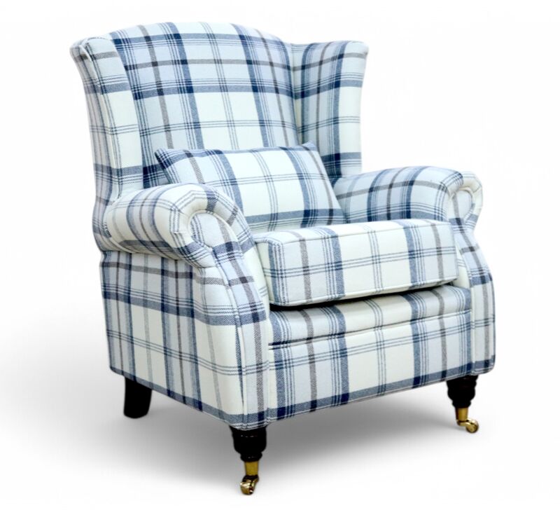 Wing Chair Fireside High Back Armchair Balmoral Indigo Blue Check Fabric P&S