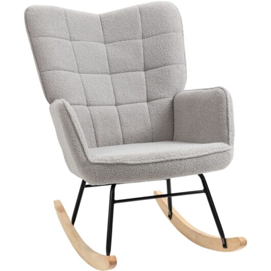 Wingback Rocking Chair for Nursing w/ Steel Frame and Wooden Base Light Grey - Homcom