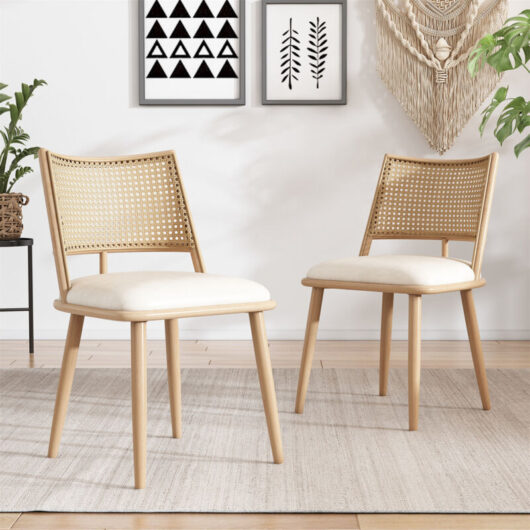 2-Pack Retro Kitchen Chairs - PU Seat & Bamboo Rattan Backrest Side Armchairs for Home, Cafe, Restaurant in Beige