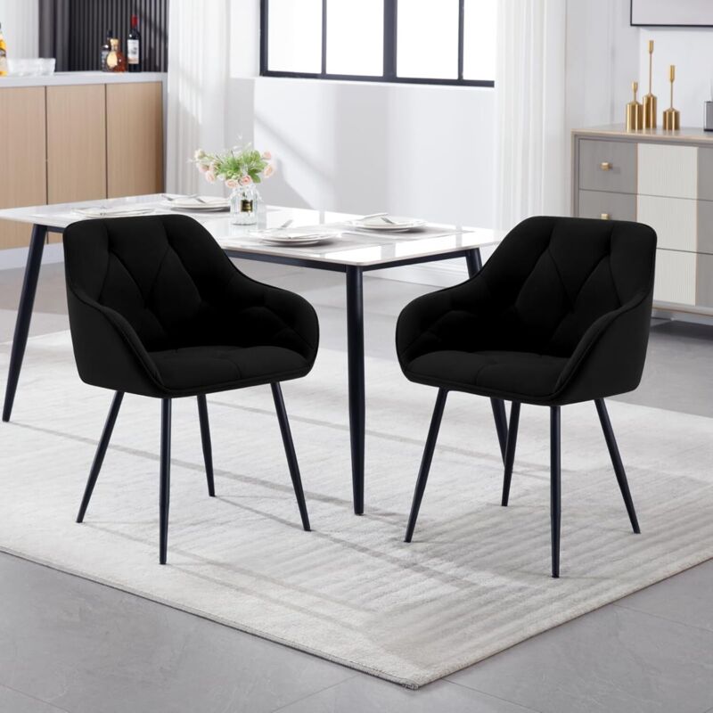 2x Dining Chairs, Velvet Dining Chairs with Backrest Dining Room Chairs, Black - Woltu