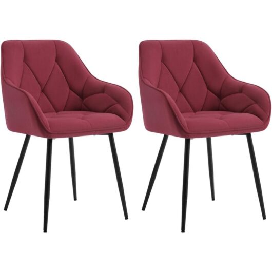 2x Dining Chairs, Velvet Dining Chairs with Backrest Dining Room Chairs, Burgundy - Woltu