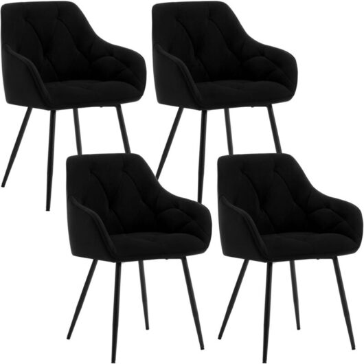 4x Dining Chairs, Velvet Dining Chairs with Backrest Dining Room Chairs, Black - Woltu