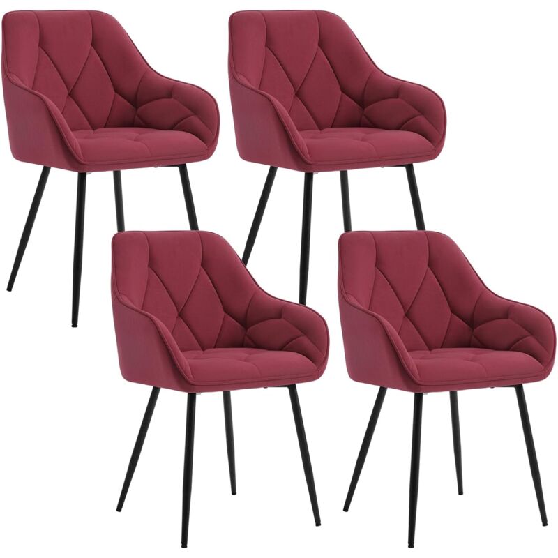 4x Dining Chairs, Velvet Dining Chairs with Backrest Dining Room Chairs, Burgundy - Woltu