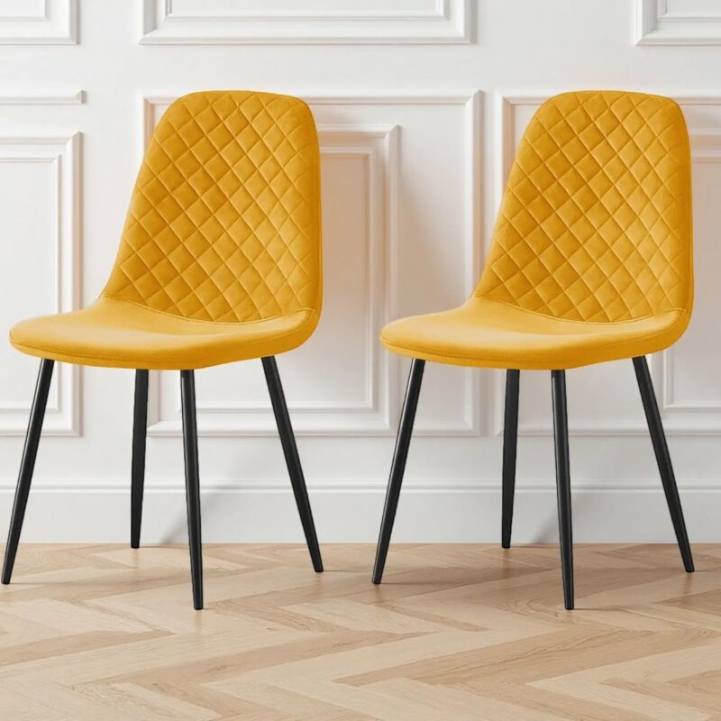 Ainpecca - 2X Yellow Dining Chairs Velvet Padded Seat Metal Legs Kitchen Home Office uk