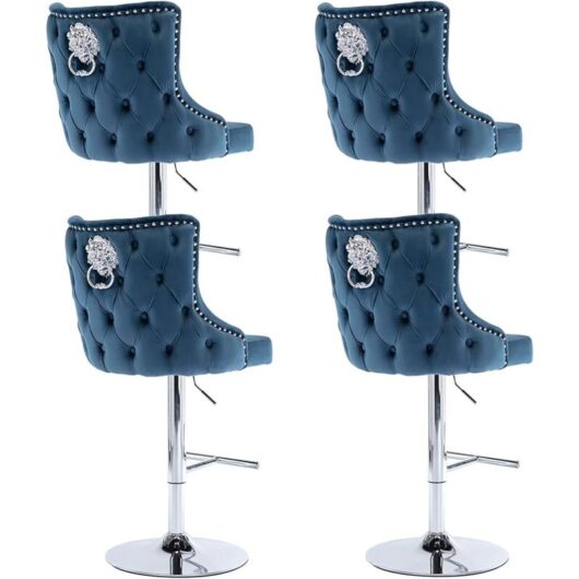 Bar Stools 4Pcs in Velvet Modern Counter Chairs Height Adjustable for Home Bar Pub Restaurant, Blue, Wahson