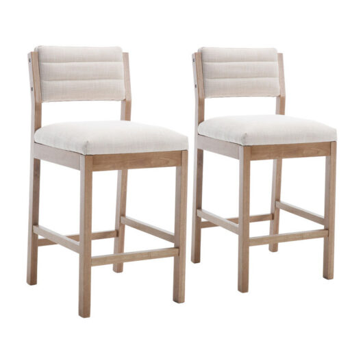 Bar Stools Set of 2 Upholstered in Linen Fabric Mid-century Counter Stools with Wood Legs Bar Chairs for Home Bar Kitchen, Beige, Wahson