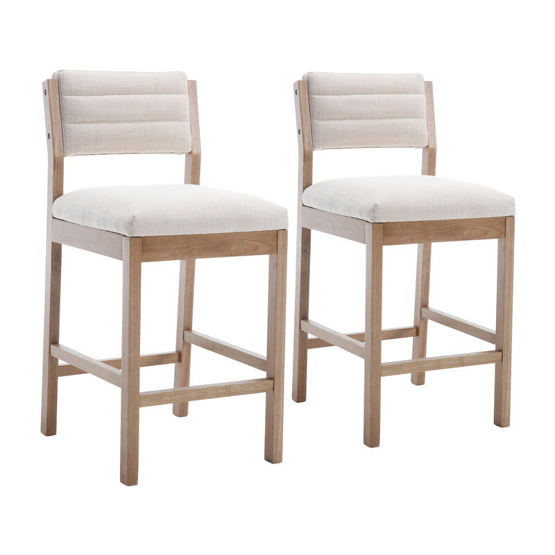 Bar Stools Set of 2 Upholstered in Linen Fabric Mid-century Counter Stools with Wood Legs Bar Chairs for Home Bar Kitchen, Beige, Wahson