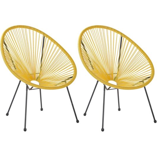 Beliani - 2 Accent Chair Set Round Rattan Weave Steel Living Room Yellow Acapulco ii
