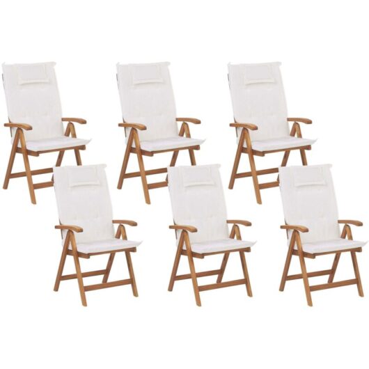 Beliani - Rustic Set of 6 Garden Chairs Light Acacia Wood Folding Off-White Cushions Java