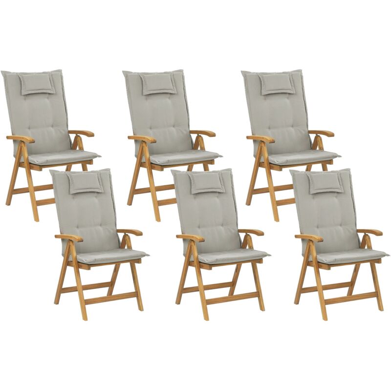 Beliani - Rustic Set of 6 Garden Chairs Light Acacia Wood Folding Taupe Cushions Java
