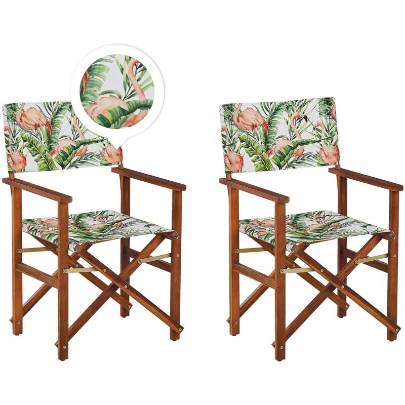 Beliani - Set of 2 Garden Chairs Dark Acacia Wood Grey Flamingo Pattern Folding Cine