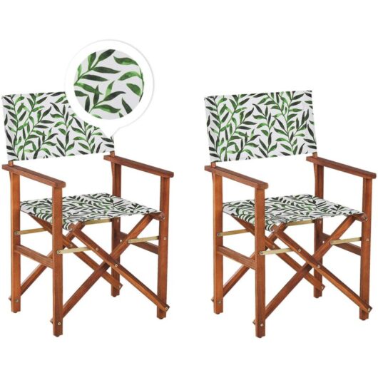 Beliani - Set of 2 Garden Chairs Dark Acacia Wood Grey Leaf Pattern Folding Cine
