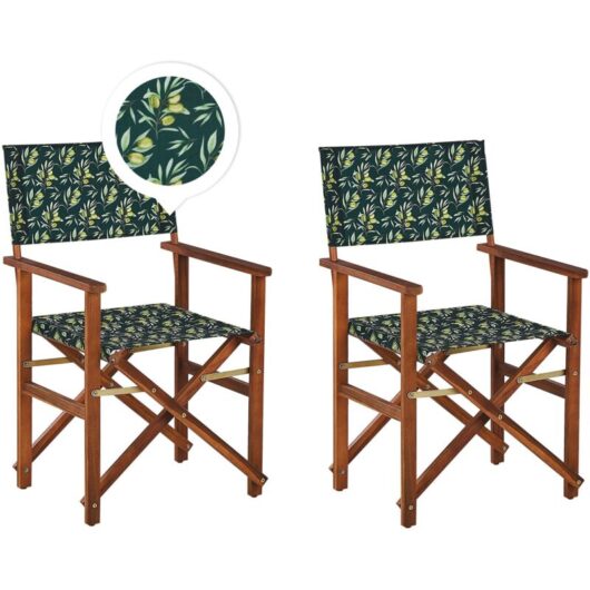 Beliani - Set of 2 Garden Chairs Dark Acacia Wood Grey Olives Pattern Folding Cine
