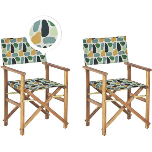 Beliani - Set of 2 Garden Chairs Light Acacia Wood Grey Geometric Pattern Folding Cine