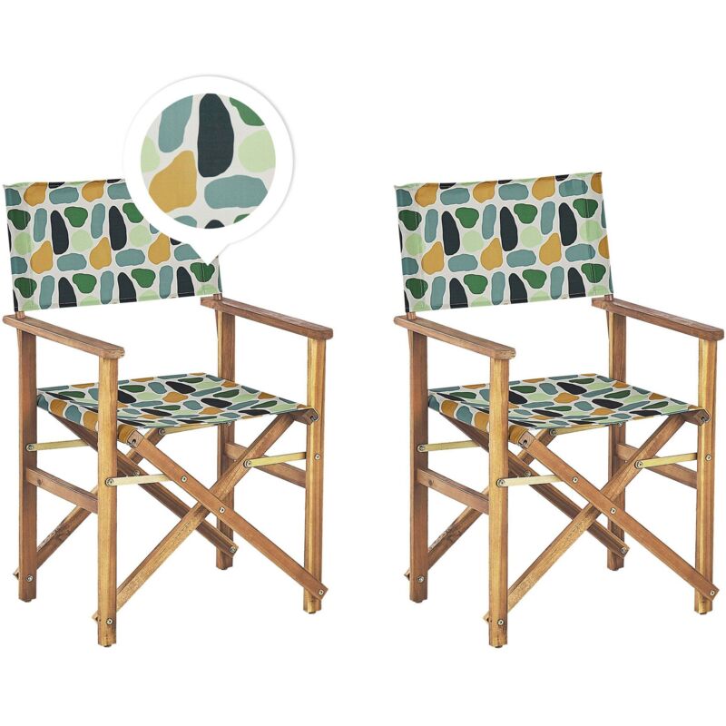 Beliani - Set of 2 Garden Chairs Light Acacia Wood Grey Geometric Pattern Folding Cine