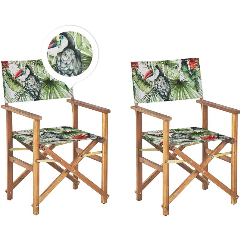 Beliani - Set of 2 Garden Chairs Light Acacia Wood Grey Toucan Pattern Folding Cine