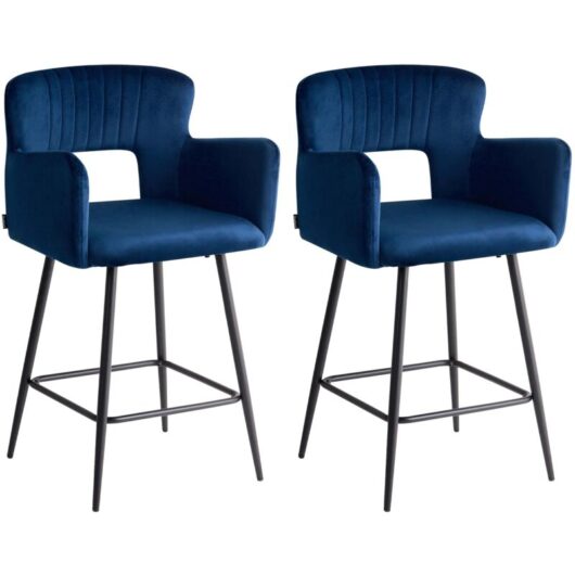 Beliani - Set of 2 Modern Bar Chairs Velvet Seat with Armrests Tufted Back Navy Blue Sanilac