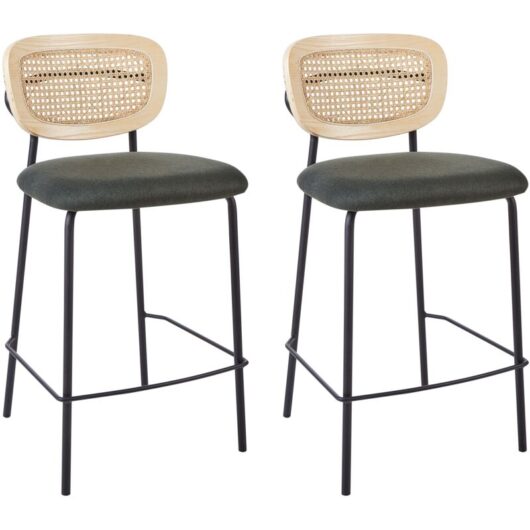 Beliani - Set of 2 Modern Bar Chairs Viennese Braid Rattan Backrest Stools Polyester Seat Armless Black Legs Dark Green Mayetta