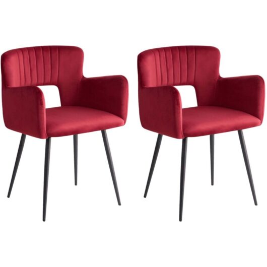 Beliani - Set of 2 Modern Dining Chairs Velvet Seat with Armrests Tufted Dark Red Sanilac
