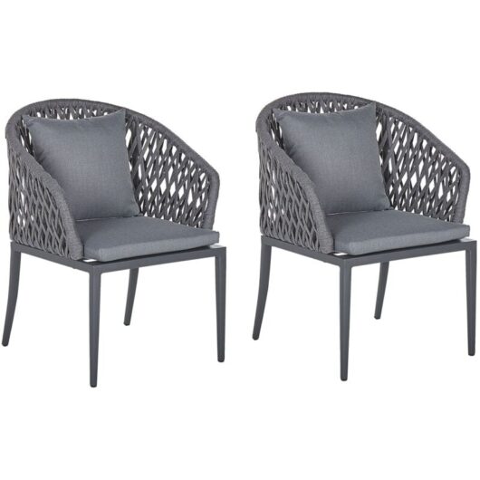 Beliani - Set of 2 Modern Outdoor Garden Dining Chairs Cushions Aluminium Grey Lipari