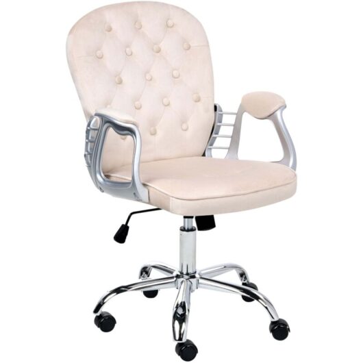 Beliani - Velvet Office Chair Swivel Adjustable Buttoned Backrest Beige Princess