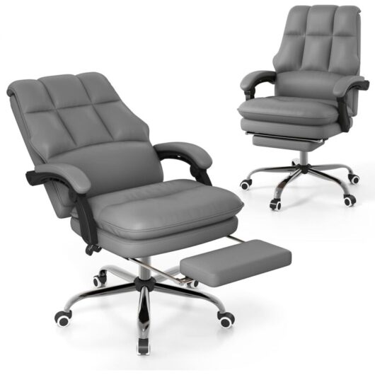 COSTWAY Ergonomic Office Chair PU Leather Computer Chair w/Swivel Seat-Gray