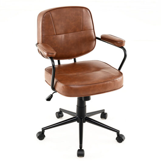COSTWAY Faux Leather Office Chair Mid Century Modern Upholstered Chair-Brown