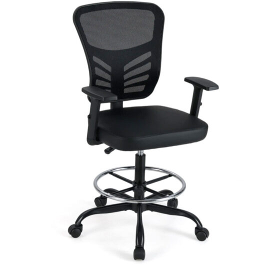 COSTWAY Height-adjustable Drafting Chair Swivel Task Chair w/Armrests-Black