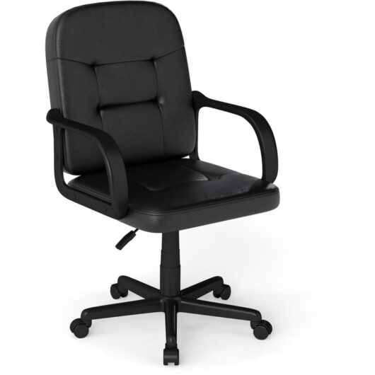 COSTWAY Leather Office Chair PU Upholstered Swivel Chair w/Ergonomic Back-Black