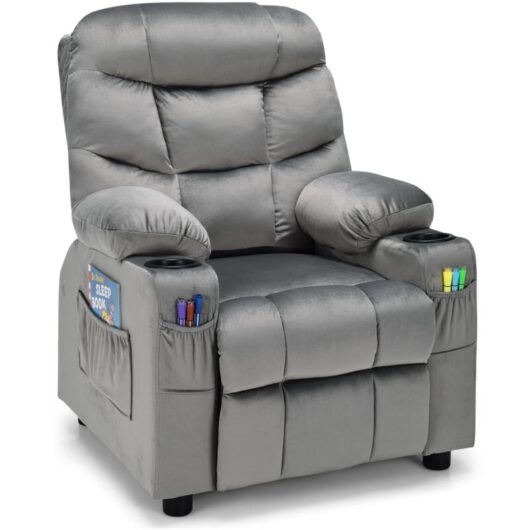 Costway - Kids Recliner Chair Velvet Adjustable Sofa Chair Gaming Lounge Chair-Grey