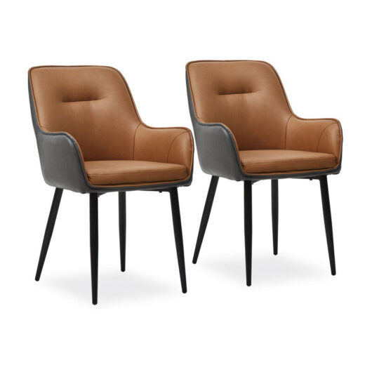 Dining Chairs Set of 2 Brown Grey Faux Leather Padded Kitchen Chair Occasional Accent Chairs with Backrest and Metal Legs, Lounge Living Room