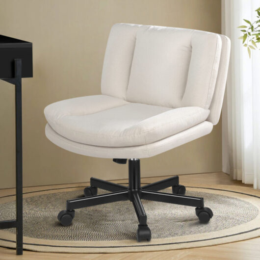 ELFORDSON Armless Office Chair, Wheels, Cross-legged Desk Chair Height Adjustable Swivel Computer Vanity Chair,Wide Seat, Mid Back, Fabric, Beige