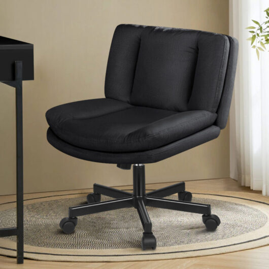 ELFORDSON Armless Office Chair, Wheels, Cross-legged Desk Chair Height Adjustable Swivel Computer Vanity Chair,Wide Seat, Mid Back, Fabric, Black
