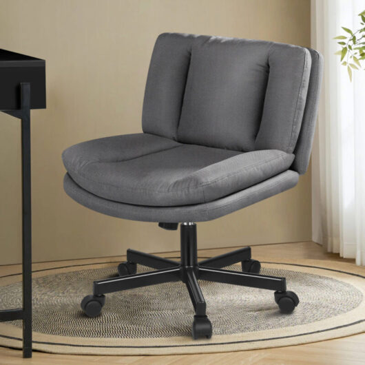 ELFORDSON Armless Office Chair, Wheels, Cross-legged Desk Chair Height Adjustable Swivel Computer Vanity Chair,Wide Seat, Mid Back, Fabric, Grey