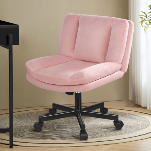 ELFORDSON Armless Office Chair, Wheels, Cross-legged Desk Chair Height Adjustable Swivel Computer Vanity Chair,Wide Seat, Mid Back, Velvet, Pink