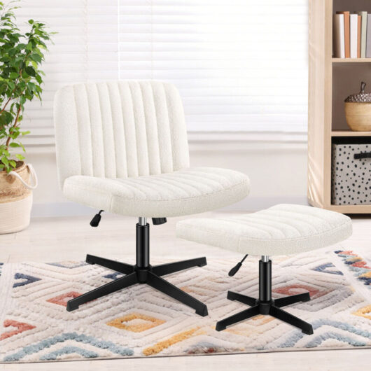 ELFORDSON Cross Legged Office Chair with Ottoman, Wide Seat Armless Desk Chairs No Wheels Mid-back, Boucle, White