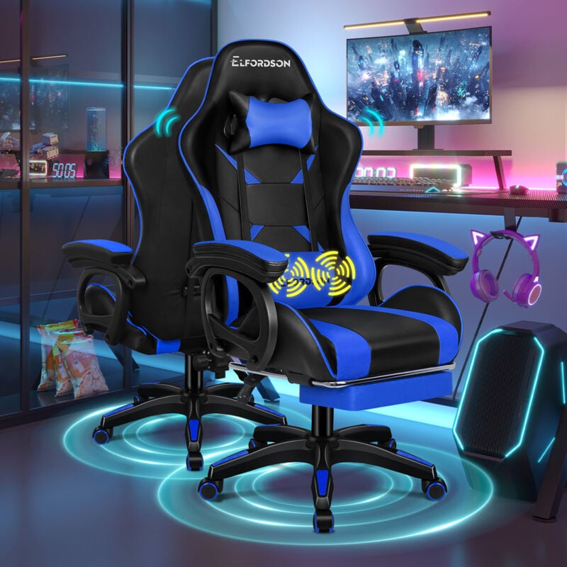 ELFORDSON Gaming Office Chair Lumbar Massage with Footrest, Blue & Black
