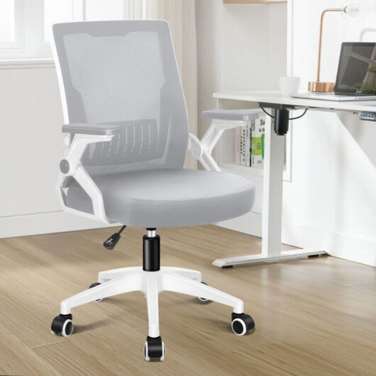 Elfordson - Ergonomic Office Chair, Mid-back, Height Adjustable, Swivel, Mesh,Flip-up Armrests and Lumbar Support, Grey