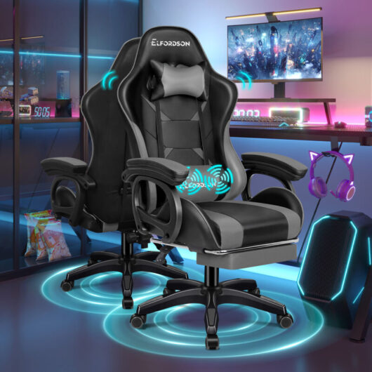 Elfordson - Gaming Office Chair Lumbar Massage with Footrest, Grey & Black