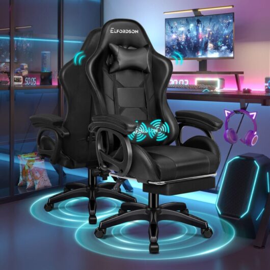 Elfordson - Gaming Office Chair with 2-Point Massage Lumbar Support, Black