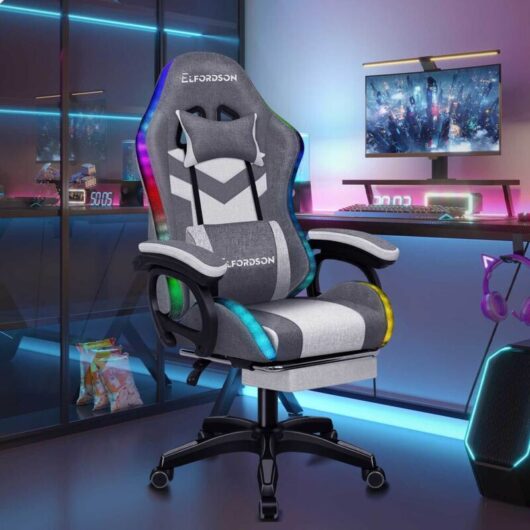 Elfordson - Gaming Office Chair with rgb led Light 8-Point Massage, Fabric Linen, Grey