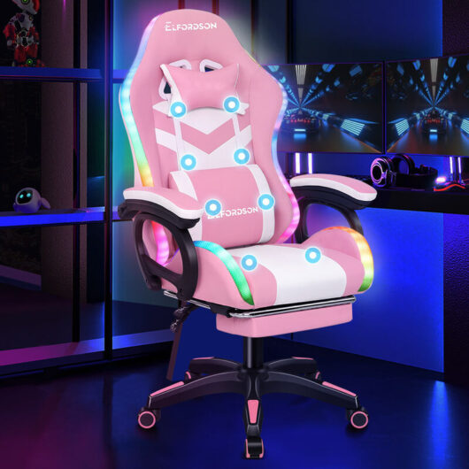 Elfordson - Gaming Office Chair with rgb led Light 8-Point Massage, Pink & White