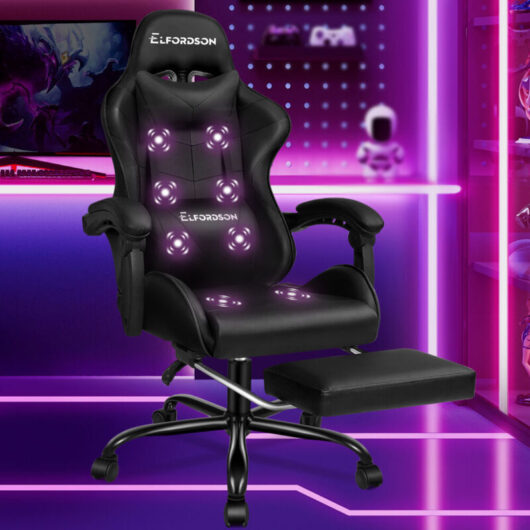 Elfordson - Massage Gaming Chair, Ergonomic Computer Office Chairs, Footrest, High Back 150° Reclining, pu Leather, Black