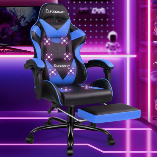 Elfordson - Massage Gaming Chair, Ergonomic Computer Office Chairs, Footrest, High Back 150° Reclining, pu Leather, Blue
