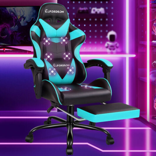 Elfordson - Massage Gaming Chair, Ergonomic Computer Office Chairs, Footrest, High Back 150° Reclining, pu Leather, Cyan